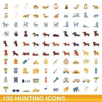 100 jakt ikoner set, tecknad stil vektor