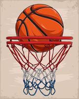 hand gezeichneter perfekter basketballschuss mit vintage-hintergrund basketballring und ball im inneren vektor