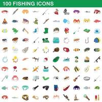 100 fiske ikoner set, tecknad stil vektor