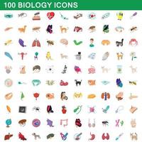 100 biologi ikoner set, tecknad stil vektor
