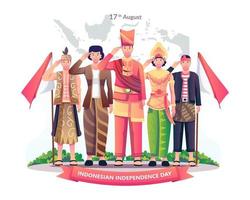 en grupp människor i olika traditionella kläder firar respektfullt Indonesiens självständighetsdag den 17 augusti. vektor illustration i platt stil