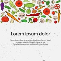 Gemüse Illustration Vektor Food Design oder Etikettenvorlage. auf dem bauernhof angebaute mahlzeit tomate, knoblauch, pfefferbanner. moderne Typografie und handgezeichnetes Gemüse skizzieren Grunge-Hintergrund-Banner