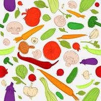 Gesunde Bio-Lebensmittel Musterdesign skizzieren Vintage-Gemüse Tomaten, Gurken, Paprika, Knoblauch, Pilze für veganes Paket, Menü, Rezept, Kochen