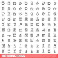 100 Getränkesymbole gesetzt, Umrissstil vektor