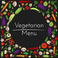 Vektor-Grunge-Hintergrund mit Gemüse-Set und Platz für Text. skizzieren Sie bunte Gekritzelmahlzeit in der organischen Zeichnungsillustration des Kreisrahmens für vegetarisches Restaurantmenü oder -rezept oder -paket vektor