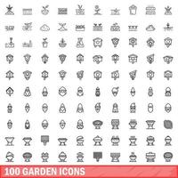 100 trädgårdsikoner set, konturstil vektor