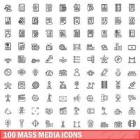 100 massmedia ikoner set, kontur stil vektor