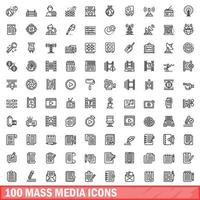 100 Massenmedien-Icons gesetzt, Umrissstil vektor