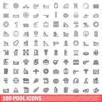 100 Pool-Icons gesetzt, Umrissstil vektor