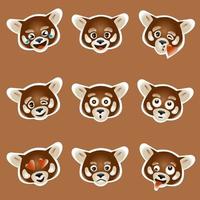 Satz von 9 Vektor-Emoji mit rotem Panda-Gesicht, farbig vektor