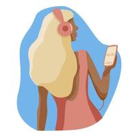 flacher charakter des mädchens hört musik über kopfhörer vom telefon, frau mit telefon in der hand. blonde dame genießt eine solide hörbuch- oder meditationsvektorillustration vektor