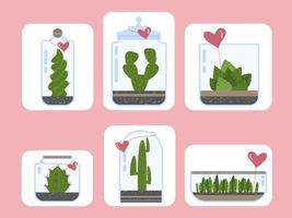 Terrarienpflanzen gesetzt. Kaktus-Sukkulenten-Florarium in Glasvase mit Herzkarte, niedliche Terrarien mit exotischen Pflanzen, Kaktus in der Flasche für die Vektorgrafik grüner Pflanzen vektor