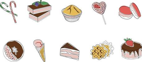 farbe handgezeichnete illustration. satz von bäckerei und süßigkeiten mit umrissvektorillustration vektor