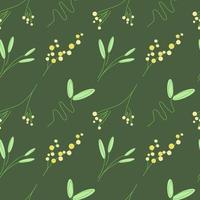 Nahtloses minimalistisches Blumenmuster aus gelben Mimosenblumen und grünen Bambuszweigen mit Blättern und Gras auf tiefgrüner Hintergrundvektorillustration für Stofftextilien vektor