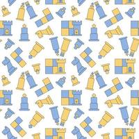 Nahtloses Muster mit blauen und gelben stilisierten Schachfiguren und Zellen des Schachschlachtfeld-Vektorhintergrunds vektor