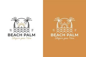 vintage retro logo der naturpalme am strand oder im ozean mit welle für sommerstimmung urlaub logo vorlage vektor