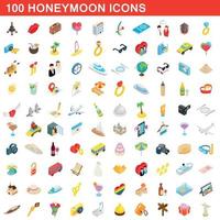 100 Flitterwochen-Icons gesetzt, isometrischer 3D-Stil vektor