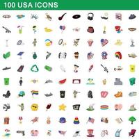 100 usa ikoner set, tecknad stil vektor