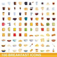 100 frukost ikoner set, tecknad stil vektor