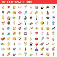 100 Festival-Icons gesetzt, isometrischer 3D-Stil vektor