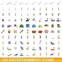 100 underhållning ikoner set, tecknad stil vektor