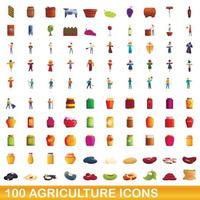 100 jordbruk ikoner set, tecknad stil vektor