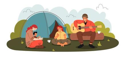 interrassische familie, die spaß auf dem campingplatz hat vektor
