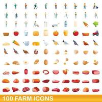 100 gård ikoner set, tecknad stil vektor