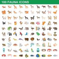 100 fauna ikoner set, tecknad stil vektor