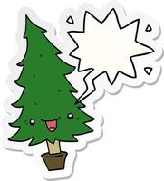 niedlicher Cartoon-Weihnachtsbaum und Sprechblasenaufkleber vektor