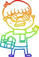 Regenbogen-Gradientenlinie Zeichnung Cartoon-Junge, der Geschenk hält und eine Brille trägt vektor