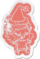 Happy Cartoon Distressed Sticker eines Elfenmädchens mit Weihnachtsmütze vektor