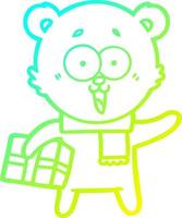 Kalte Gradientenlinie Zeichnung lachender Teddybär mit Weihnachtsgeschenk vektor
