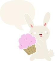 niedliches Cartoon-Kaninchen und Muffin und Sprechblase im Retro-Stil vektor