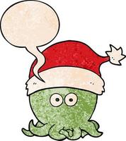 Cartoon-Oktopus mit Weihnachtsmütze und Sprechblase im Retro-Textur-Stil vektor