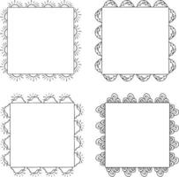 vier quadratische schwarz-weiße Rahmen mit Sonnen, Wolken und dekorativen Elementen. isolierte Rahmen auf weißem Hintergrund für Ihr Design vektor