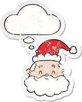 Cartoon-Weihnachtsmann und Gedankenblase als beunruhigter, abgenutzter Aufkleber vektor