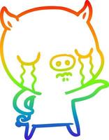 Regenbogen-Gradientenlinie Zeichnung Cartoon-Schwein weint und zeigt vektor