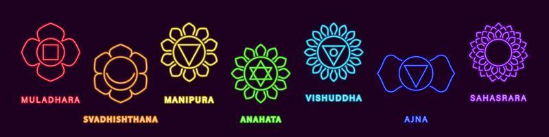 neon yoga sakral chakras set. lila glödande muladhara och hälsa natur ljus anahata andlig läka svadhistana med sinne värmande strålar manipura gjord med vita linjer på svart vektorutrymme vektor