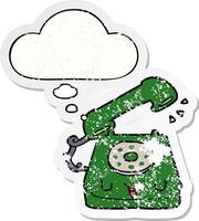 niedliches Cartoon-Telefon und Gedankenblase als beunruhigter, abgenutzter Aufkleber vektor