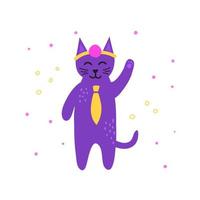 söt doodle violett läkare katt karaktär med slips isolerad på vit bakgrund. vektor