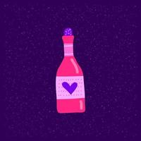 bunter doodle alkoholwein oder champagner in glasflasche mit herz isoliert auf violettem hintergrund. vektor