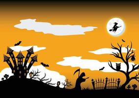 Halloween-Hintergrund mit gruseliger Silhouette, Vollmond, Friedhof und Sensenmann vektor