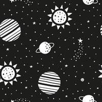 Schwarz-Weiß-Raum Musterdesign mit Doodle Sonne, Sternen und Planeten. vektor