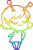 Regenbogen-Gradientenlinie, die lächelnde Alien-Mädchen-Karikatur zeichnet vektor
