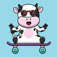 süße kuh mit brille sitzt auf skateboard mit friedenshand cartoon vektor symbol illustration. tiersport-symbol-konzept isolierter premium-vektor