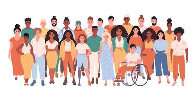 Menschenmenge verschiedener Rassen, Körpertypen, Menschen mit Behinderungen. Multikulturelle Gemeinschaft. soziale Vielfalt der Menschen in der modernen Gesellschaft vektor