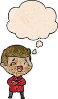 Cartoon lachender Mann und Gedankenblase im Grunge-Texturmuster-Stil vektor