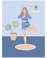 junge Frau in Yoga-Baum-Pose mit Kaktus und Monstera im Vektorposter vektor