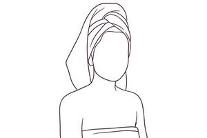 schöne Frau mit Handtuch auf dem Kopf. Beauty-Konzept. hand gezeichnete artvektorillustration vektor